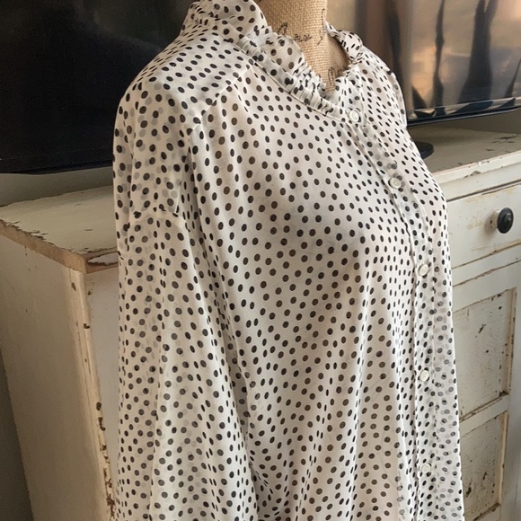 Zara oversized white sheer blouse black polka dots high ruffle neck button down - Picture 6 of 15